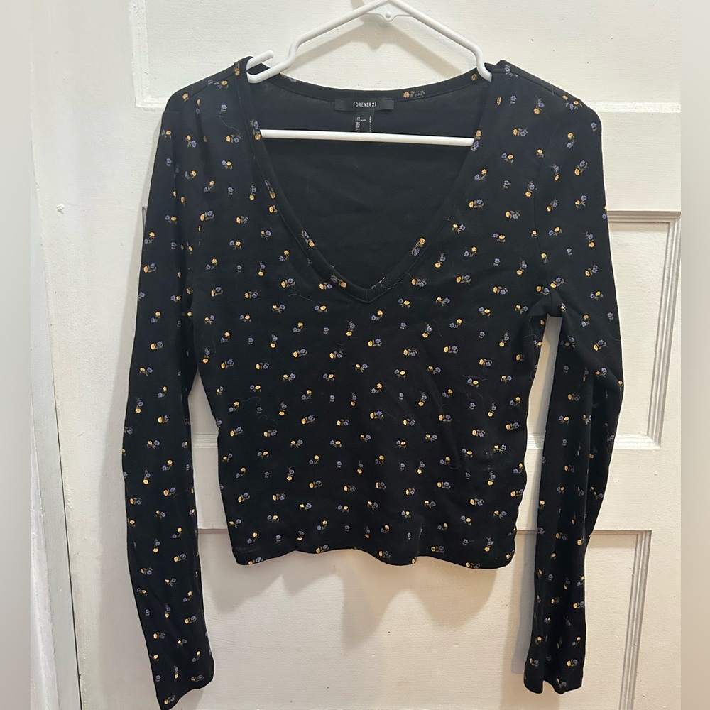 Forever 21 - Long Sleeve Black Shirt with Yellow/ Purple flowers